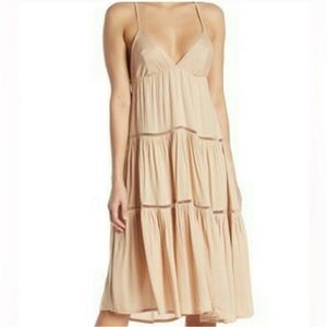 🔴 Boho Me Nordstrom Tan Cream Tiered Summer Midi Dress Size S